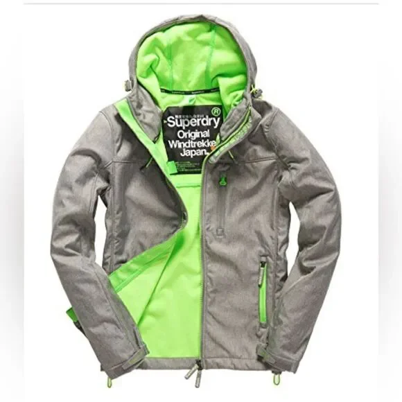 SUPERDRY Hooded WINDTREKKER Light Grey Marl/Fluro Lime Size Small NWT